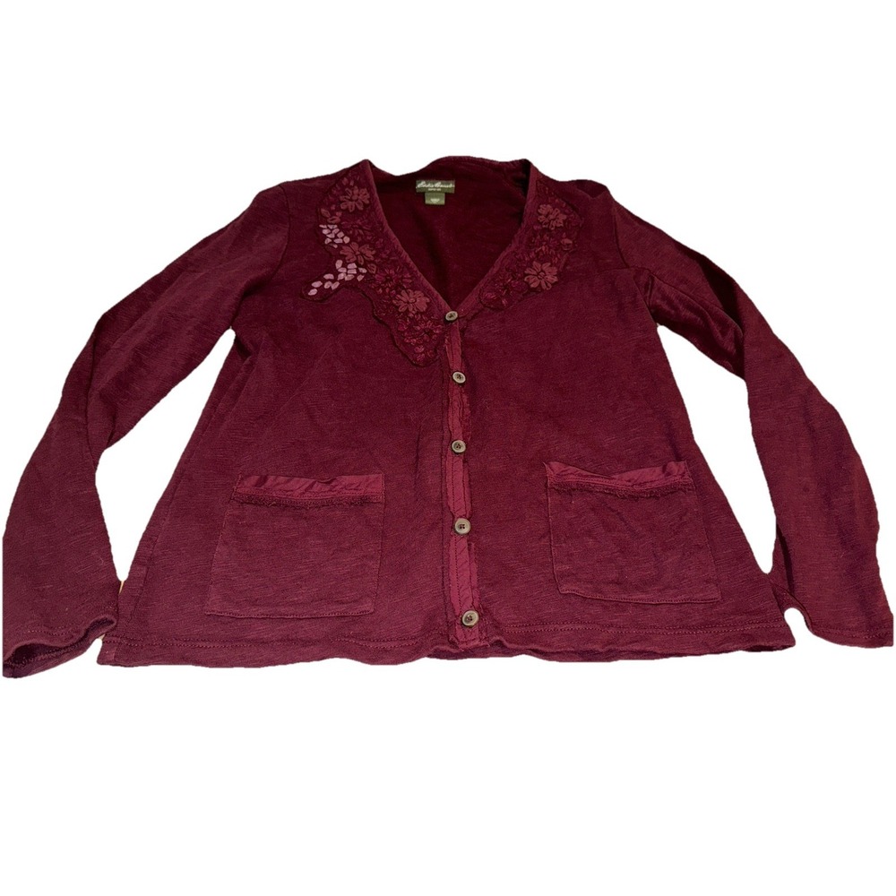 Eddie Bauer Wine Long Sleeve Cotton Stretch Cardigan Sz XL X-large Womens